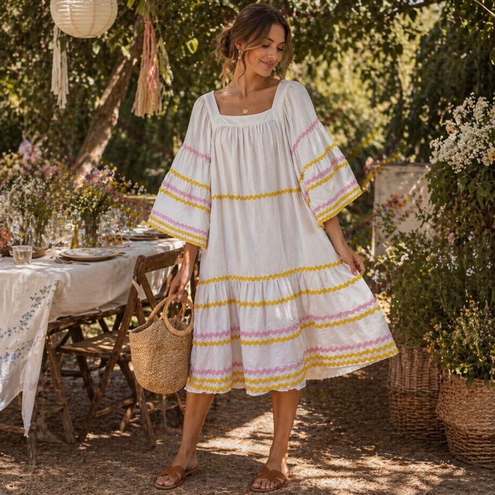 Lisa Marie Fernandez Target Ric Rac Flare Sleeve Linen Blend Midi Dress M Boho